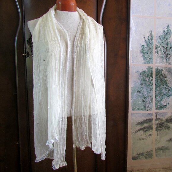 SHEER SCARF w GLITTER EDGES, 68" x 23" LONG RECTANGLE OFF-WHITE VINTAGE - Picture 4 of 6